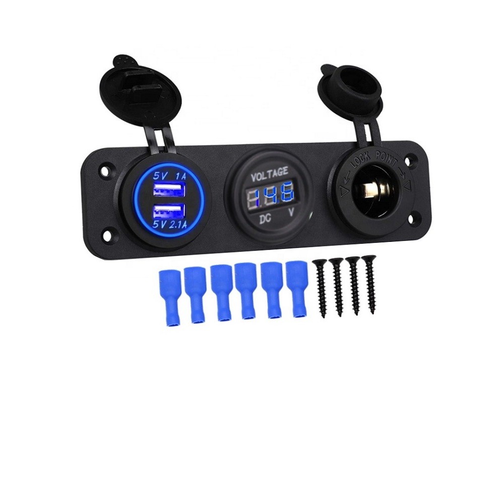 1 csomag-Dual Kettős USB töltő 12V foglalat Voltmérő 3 furat Panel kapcsoló  Autó Csónak Kék